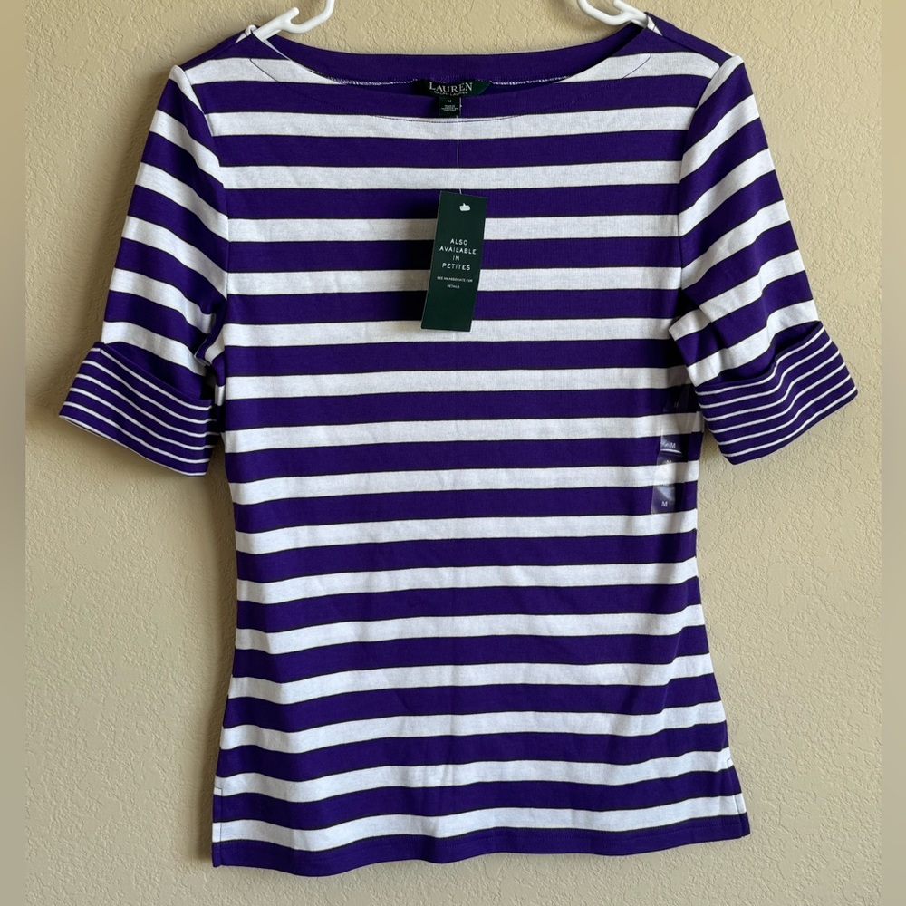 NWT Ralph Lauren Purple and White Striped Women's Top Size Medium